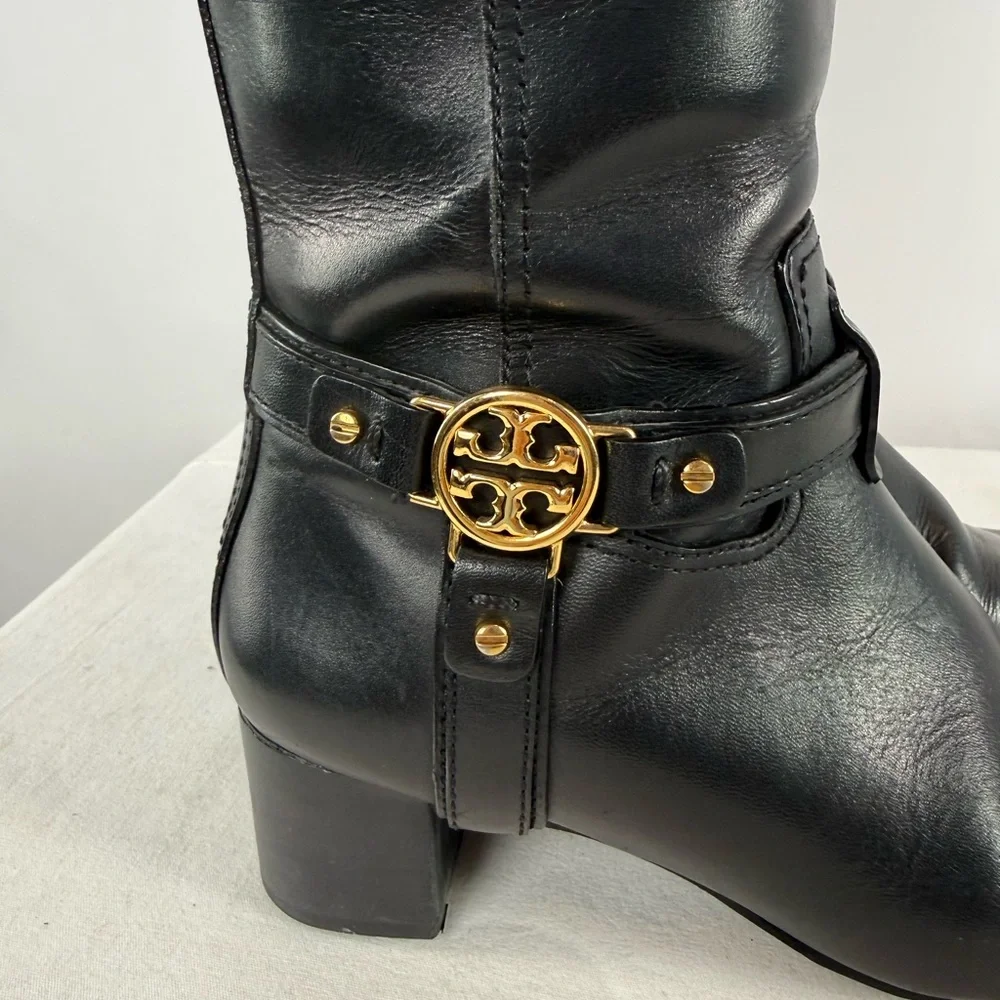 Vintage Y2K Tory Burch Leather Gold Logo Knee High Heeled Boots‎ in Black Size 7
